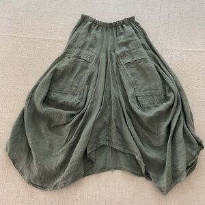 100% Linen harem pant style skirt in olive green - Size M